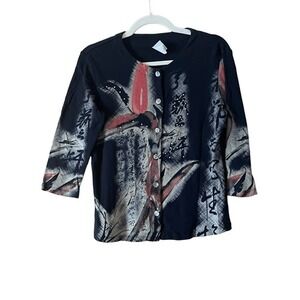T9 Y2K VTG Jess & Jane Cardigan Small Black Red Bamboo Print 3/4 Sleeve